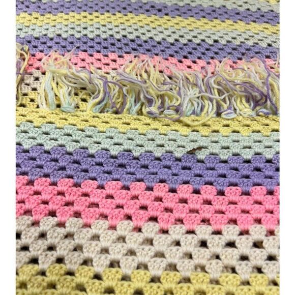 Multicolor Striped Fringe Knitted Blanket Size 80” x 83” - Picture 14 of 15